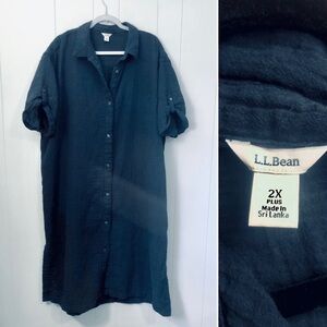 LL Bean Shirt Dress Navy Cotton Muslin Short Sleeve Roomy Fit Housedress 2X Plus